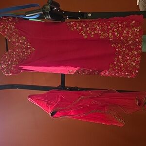 Red/pink Embroidered Dress with Dupatta